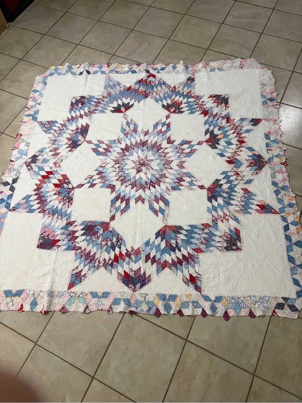 Vintage Handmade lone star Starburst Patchwork Quilt - White and Multi 74 x 74”